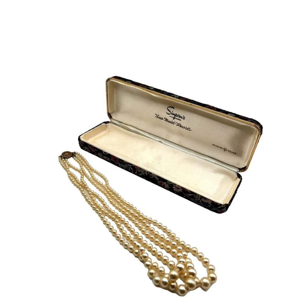 Vintage Sea Maid Triple Strand Pearl Necklace Sterling Clasp ORIGINAL satin box
